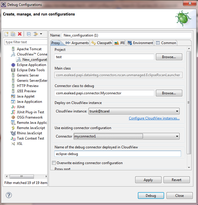 Connector debug configuration